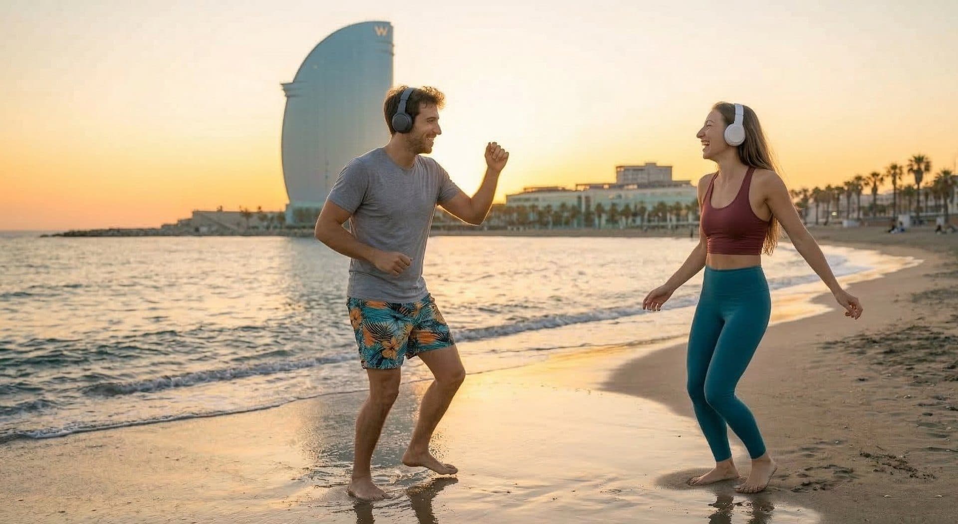 Two people moving on a beach at sunset