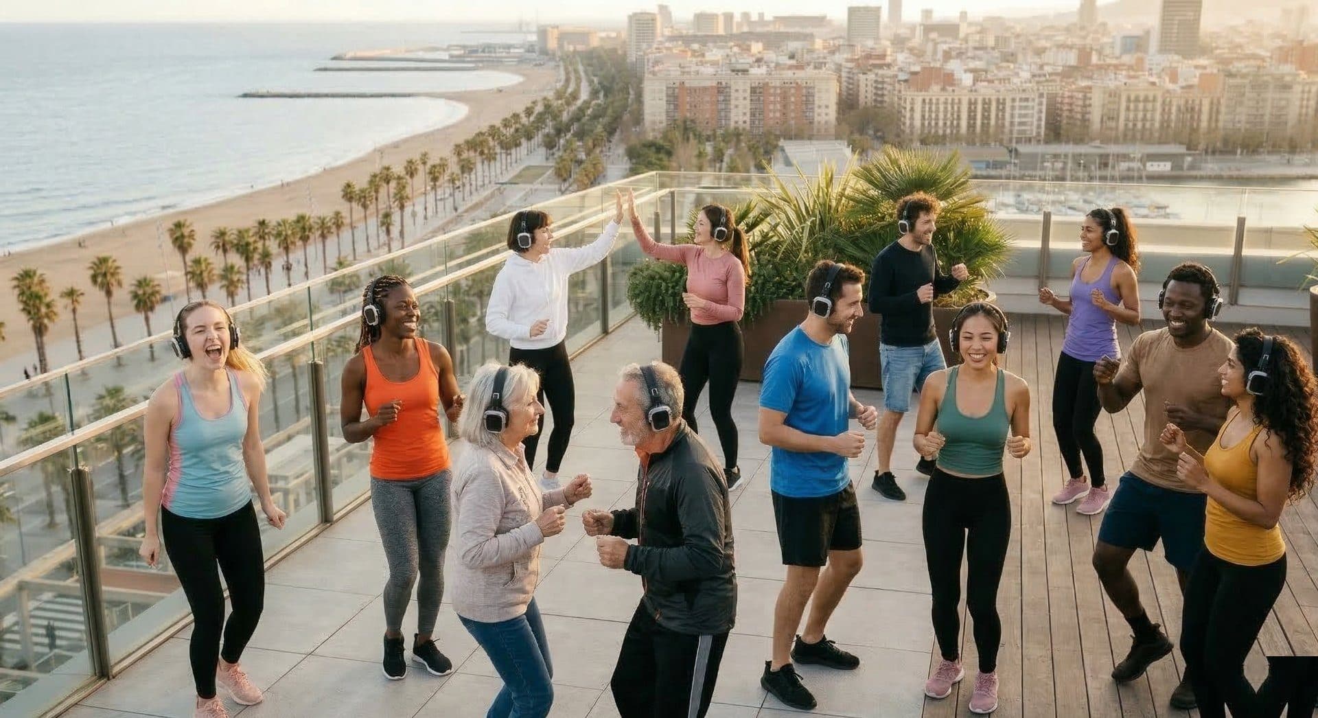 Group movement session on a rooftop at sunset